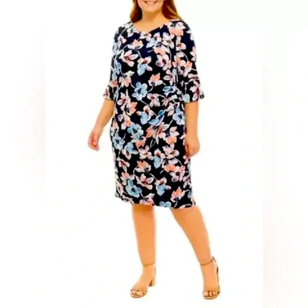 Navy Blue Floral Dress Size 24W 3/4 Bell Sleeve Side Ruching Flattering NWT